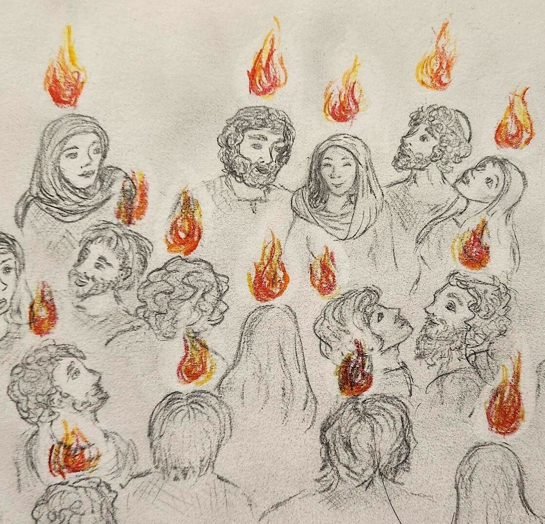 drawing of a large group of men and women with flames over their heads